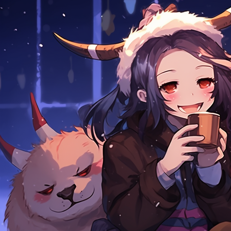 Two characters wrapped in chunky knitted scarves, their breaths condensing in the chill, surrounded by snowflakes. holiday demon slayer pfps pfp for discord.