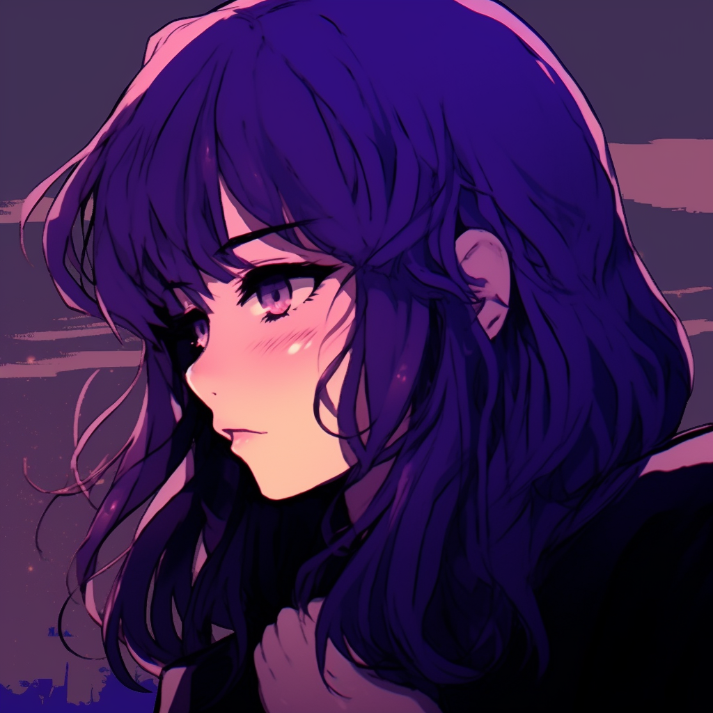 Graceful anime portrait infused with lilac hues, showcasing delicate facial features and intricately designed clothes. majestic anime purple pfp pfp for discord.