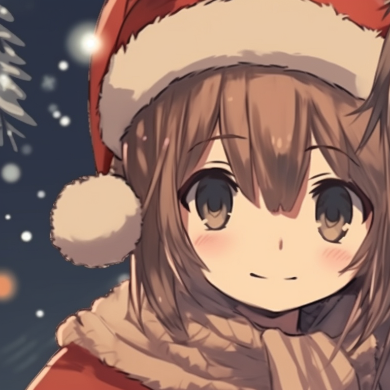 Two characters in a sled, their hands touching, under the gleaming Christmas lights. festive matching christmas pfp anime pfp for discord.