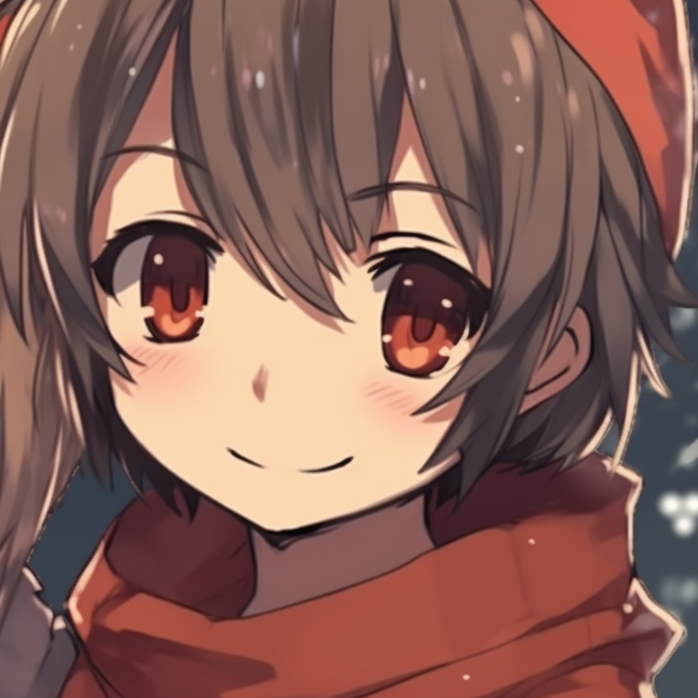 Two characters in a sled, their hands touching, under the gleaming Christmas lights. festive matching christmas pfp anime pfp for discord.