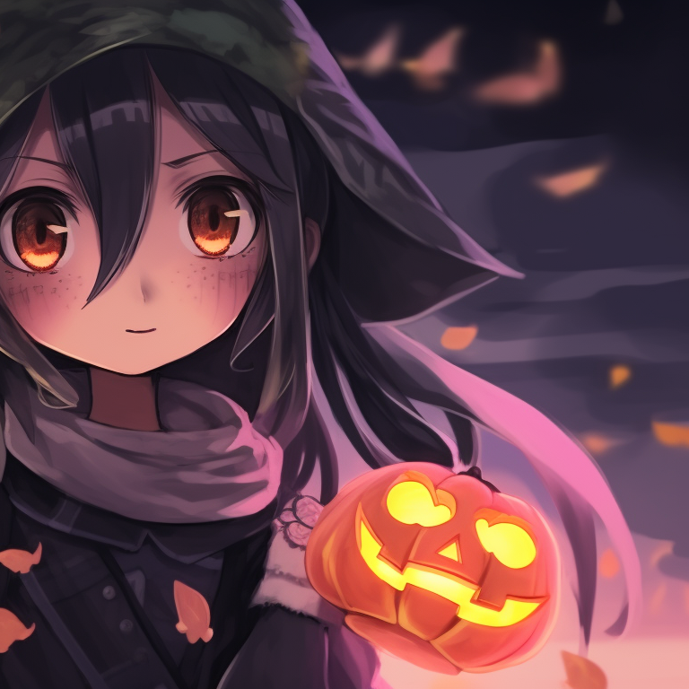 Mitsuri and Obanai against a backdrop of autumn leaves, warm colors and rustic tones. selection of mitsuri and obanai halloween match pfps pfp for discord.