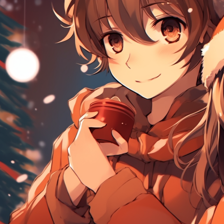 Two characters amidst falling snow, rich orange background conveying a sense of warmth and holiday spirit. unique matching orange christmas pfp pfp for discord.