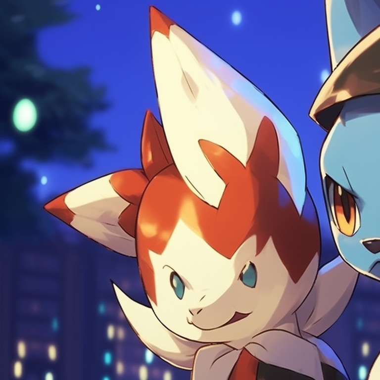 Two Lucarios in standoff poses, set against a snowy landscape with Christmas garlands in focus in the foreground. highlighted lucario christmas profile pictures pfp for discord.