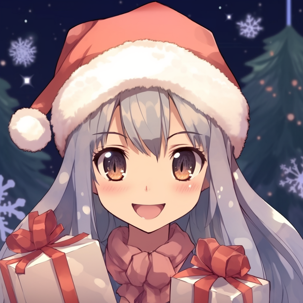 Anime elf character with a festive background, whimsical style and cool tones. cute christmas anime pfp