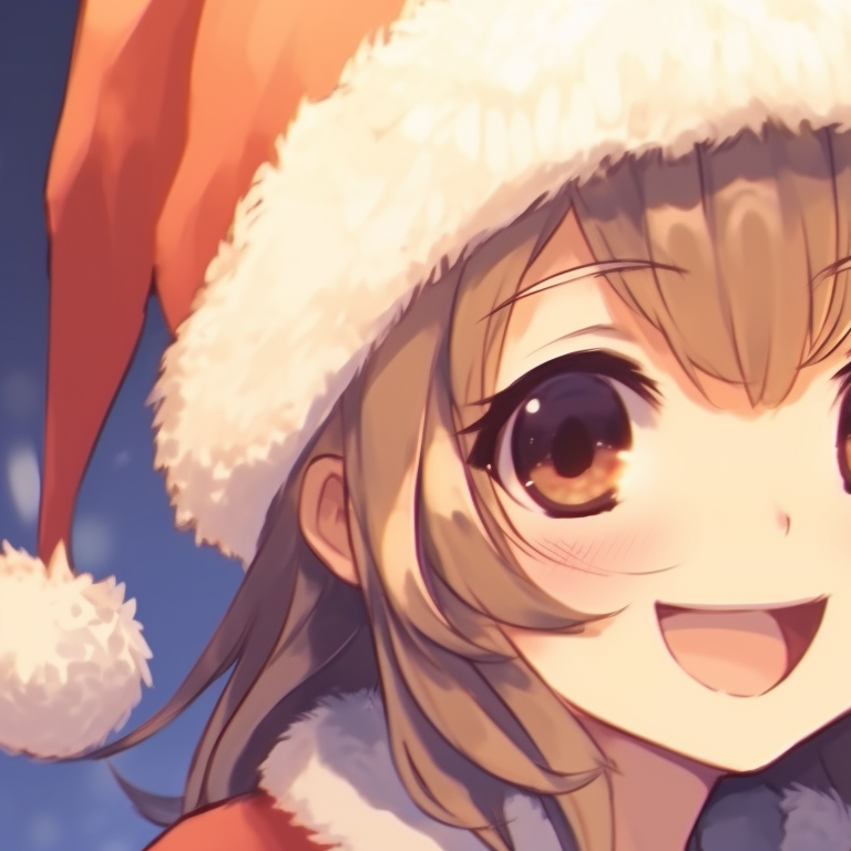 Two characters in festive outfits, warm colors and soft lighting, sharing a hearty laugh. top-rated matching christmas anime girl pfp pfp for discord.