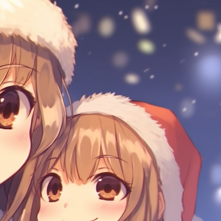 Two characters in festive outfits, warm colors and soft lighting, sharing a hearty laugh. top-rated matching christmas anime girl pfp pfp for discord.