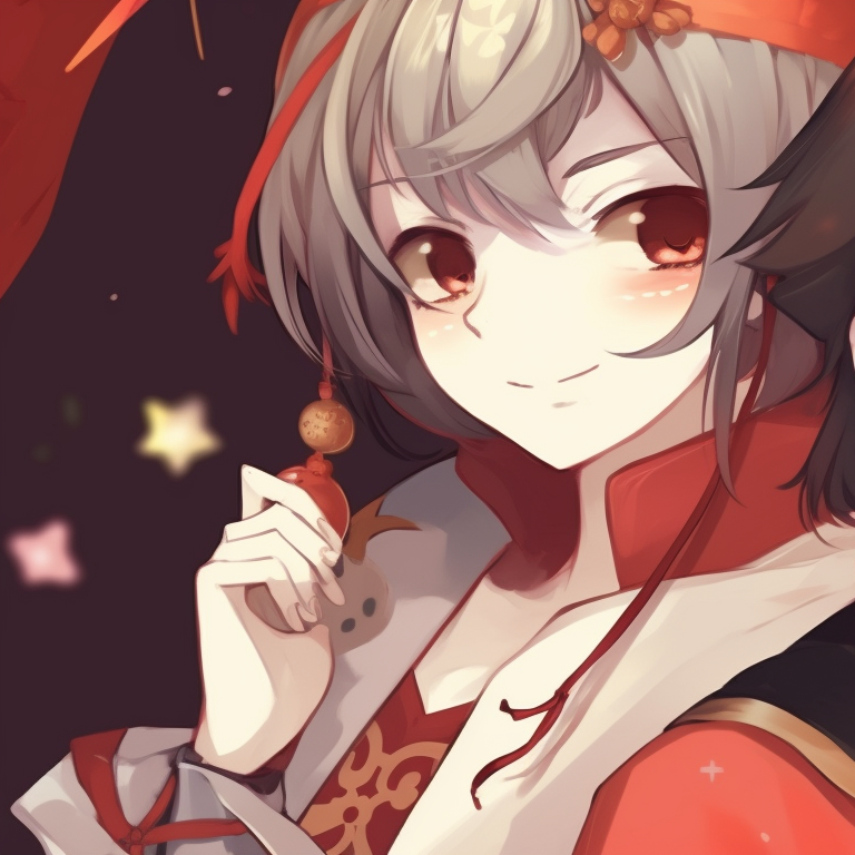 Hu Tao holding candy canes, with vibrant colors and festive motifs. festive matching hu tao pfp pfp for discord.