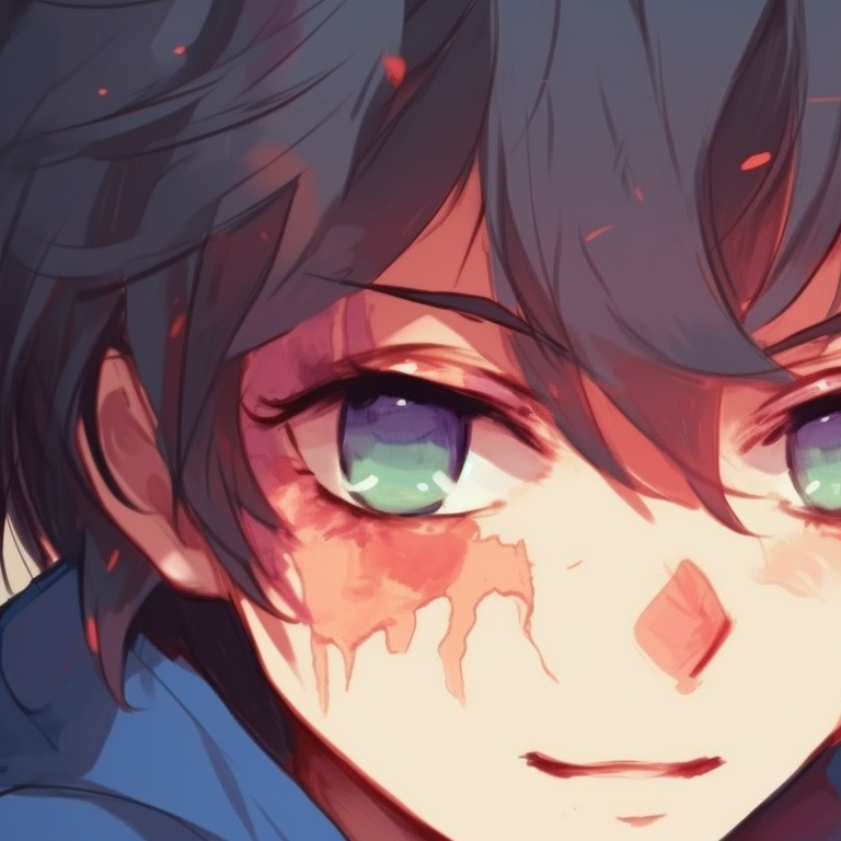 Two characters, space themed background and gleaming star in eyes, foreheads touching. charming matching anime pfp for couples pfp for discord.