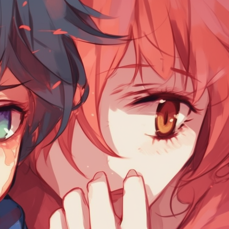 Two characters, space themed background and gleaming star in eyes, foreheads touching. charming matching anime pfp for couples pfp for discord.