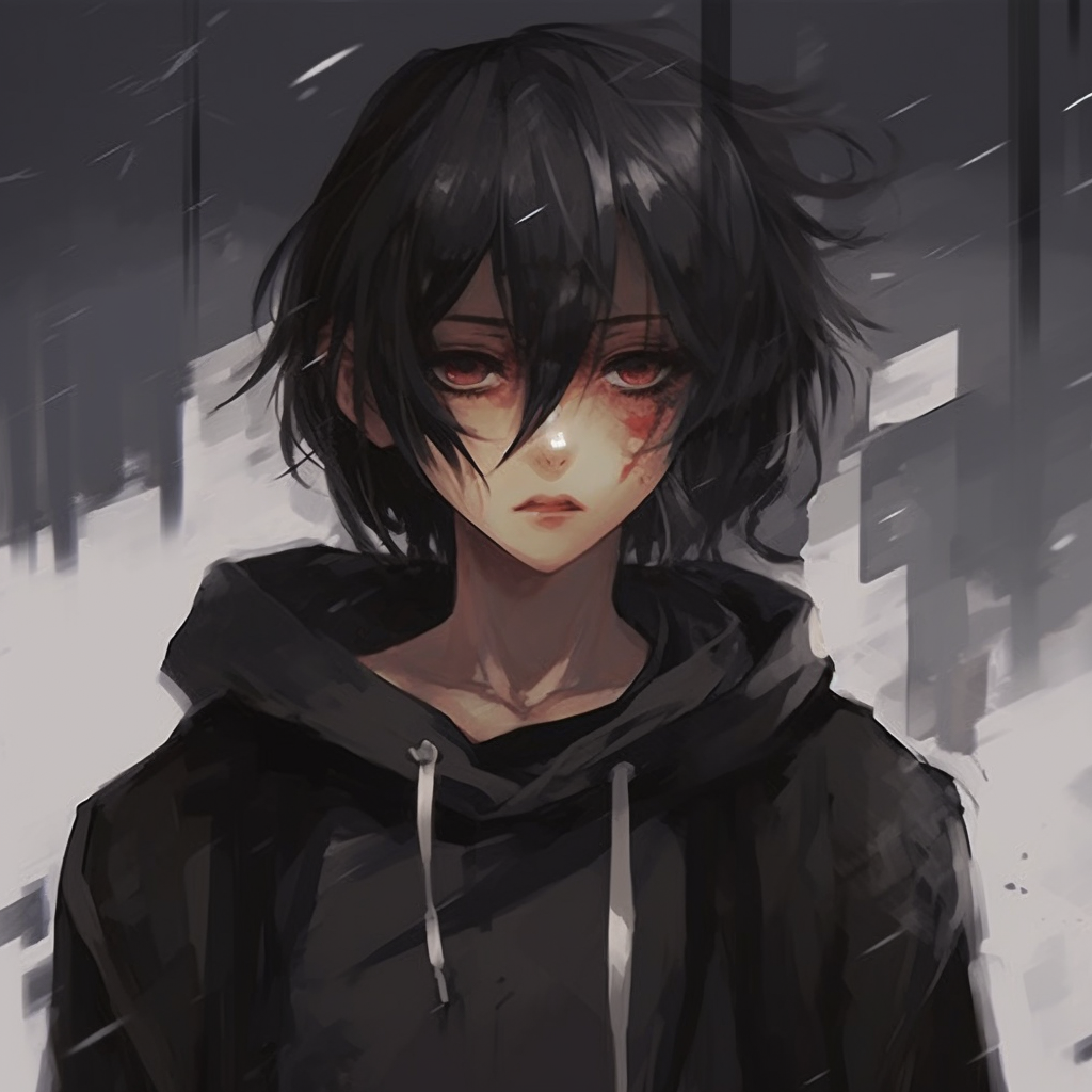 Anime character shown in an unshared moment of solitude, focus on the character's emotion and monochrome color scheme. depressed anime characters pfp