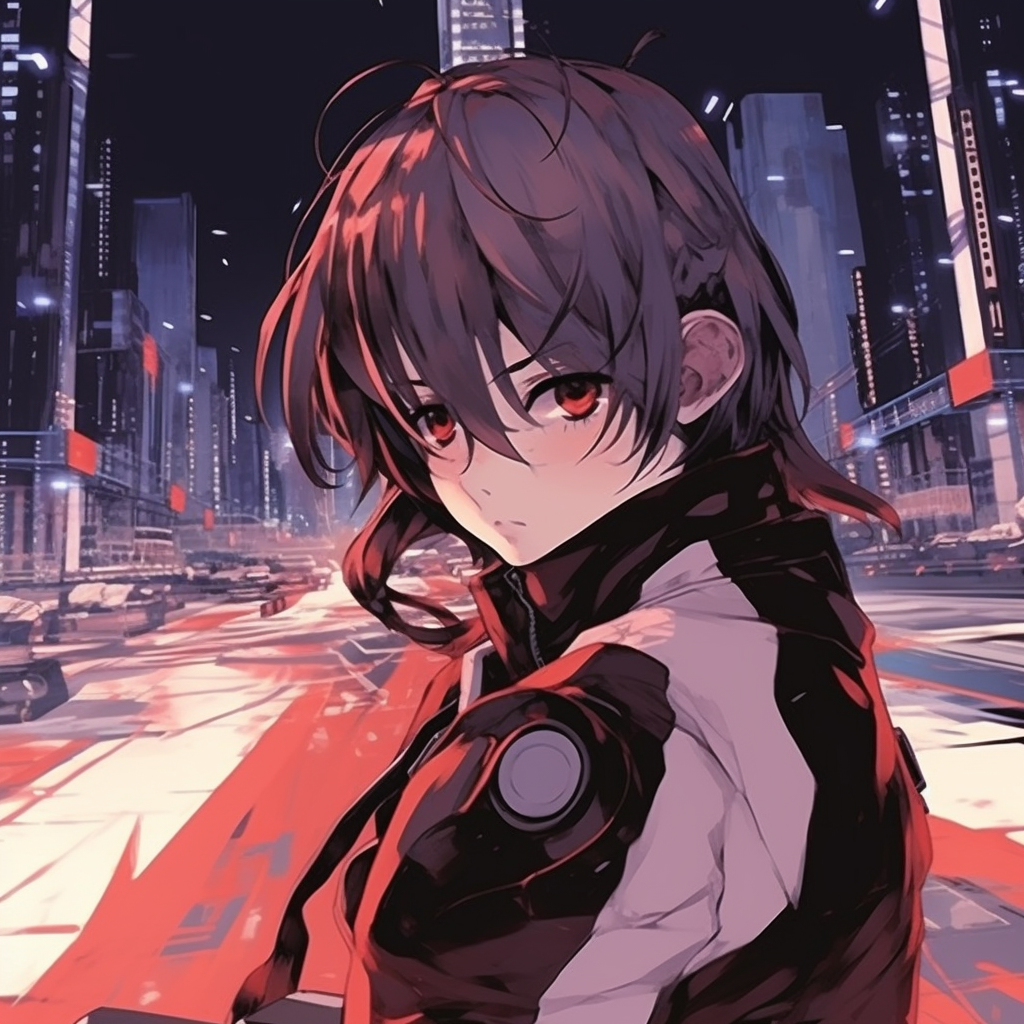 Futuristic design of an anime profile picture with neon hues and high-tech elements. 512x512 anime pfp cool design