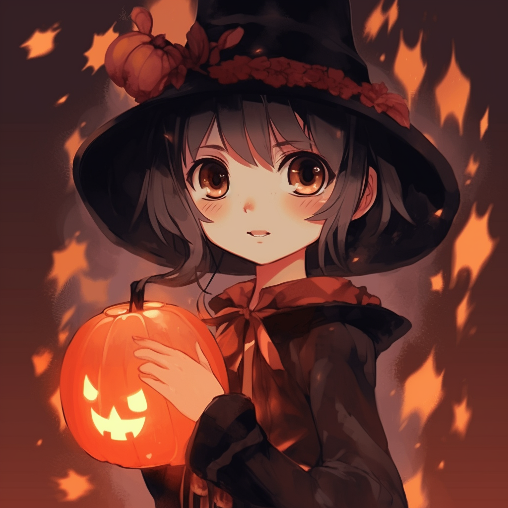 Anime art of a child girl dressed as a witch, with soft colors and detailed shading. adorable halloween anime pfp