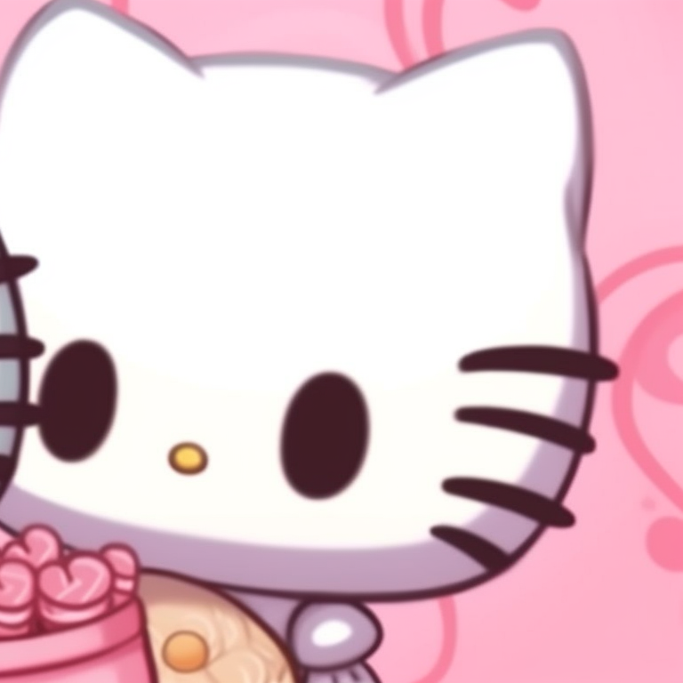 Hello Kitty and a friend wearing matching cupcake hats, against a background filled with candies, soft colors and gentle texture. hello kitty and friends matching pfp pfp for discord.