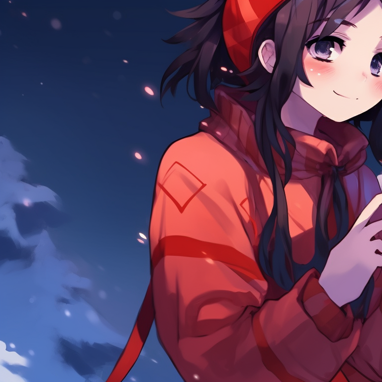 Two characters laughing together, surrounded by a flurry of snowfall, their parkas heavy with embroidered patches of Christmas motifs. holiday demon slayer pfps pfp for discord.