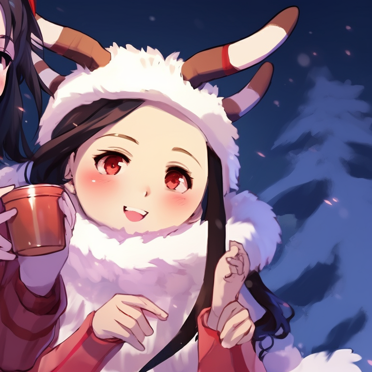 Two characters laughing together, surrounded by a flurry of snowfall, their parkas heavy with embroidered patches of Christmas motifs. holiday demon slayer pfps pfp for discord.
