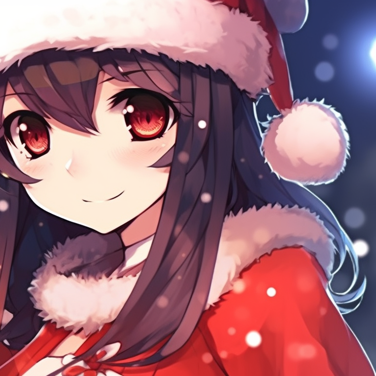 Two characters in Santa hats, glistening snowflakes in the background. holiday themed matching christmas pfp for discord pfp for discord.