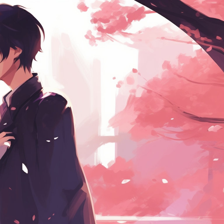 Two characters under cherry blossoms, pastel hues and soft silhouettes, mirror pose. aesthetic matching couple pfp pfp for discord.