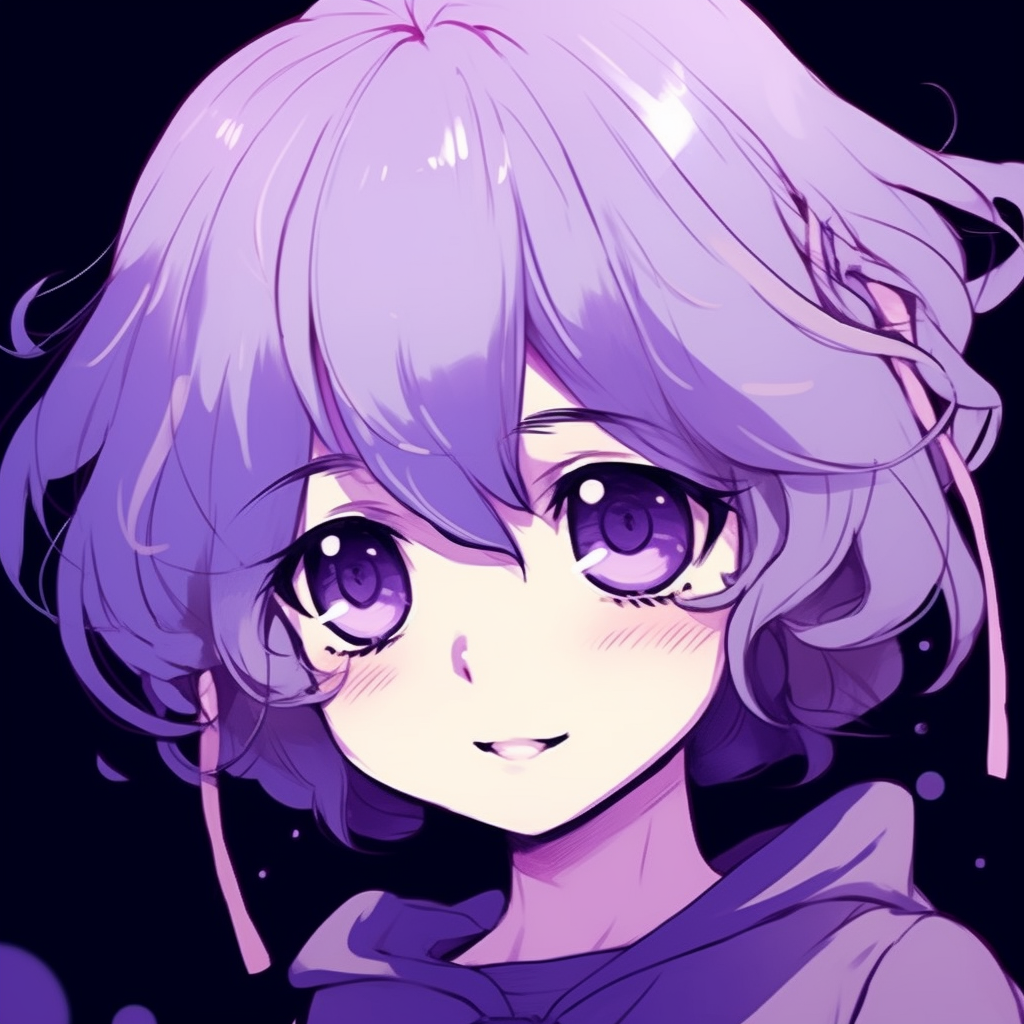 A profile image of an anime girl with her hair and outfit in soft lavender tones. adorable purple anime pfp pfp for discord.