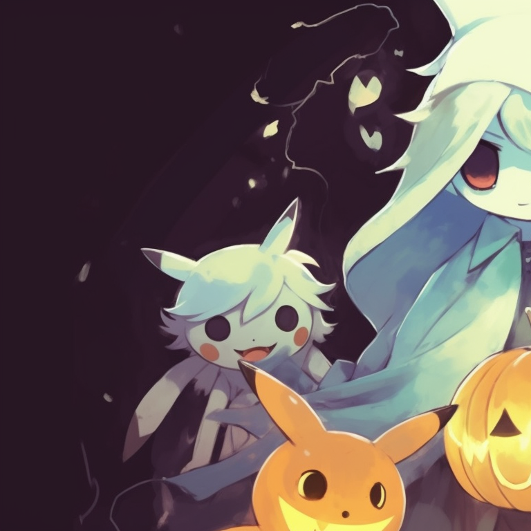 Two Pokemon in pumpkin outfits, bright oranges, intricate patterns. matching pokemon pfp halloween theme for friends pfp for discord.