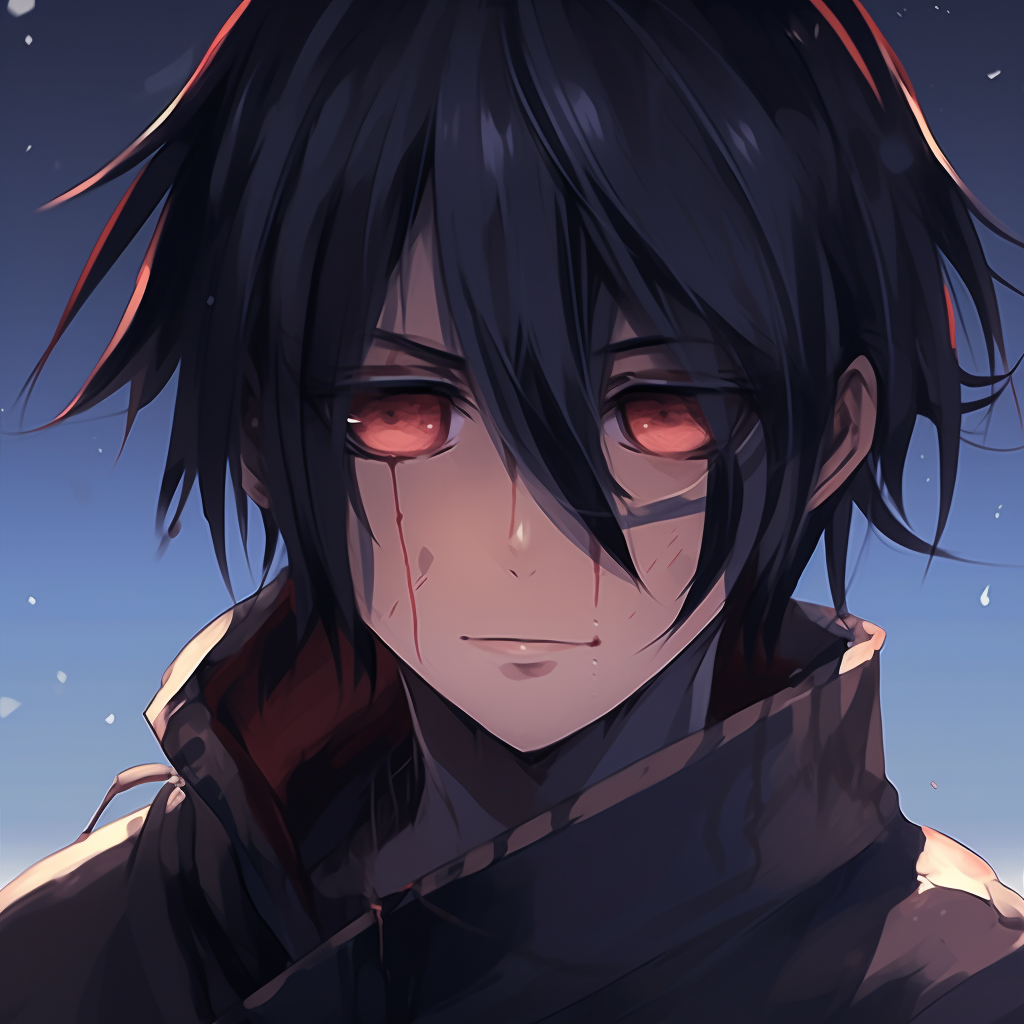 Sasuke Uchiha deep in thought, serene expression and cool color tones. anime guy pfp in popular series pfp for discord.