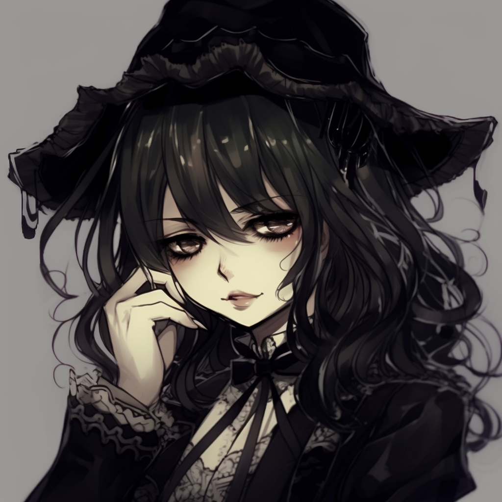 A goth character from Black Butler with a cryptic expression, heavy shadows against pale skin tones. highlighted goth anime profile pictures