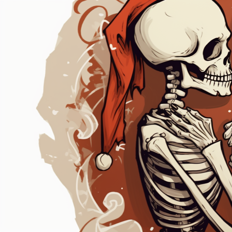 Two skeletons underneath a bright holiday moon, featuring sharp contrasts and a frosty color palette. santa skeletons - matching christmas pfp, kissing style pfp for discord.