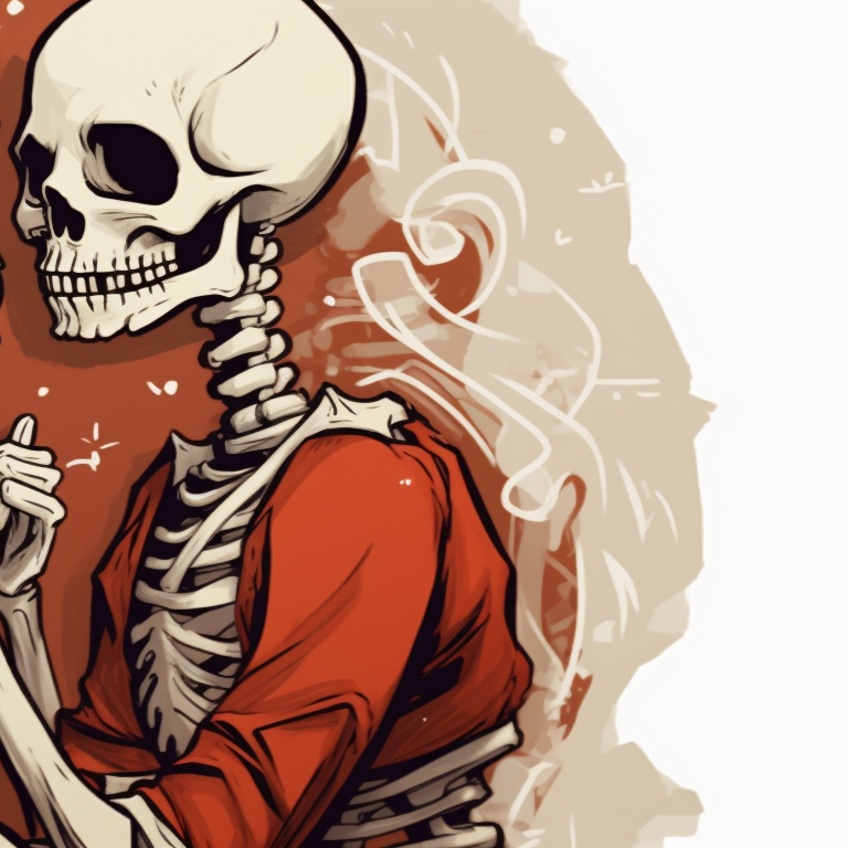 Two skeletons underneath a bright holiday moon, featuring sharp contrasts and a frosty color palette. santa skeletons - matching christmas pfp, kissing style pfp for discord.