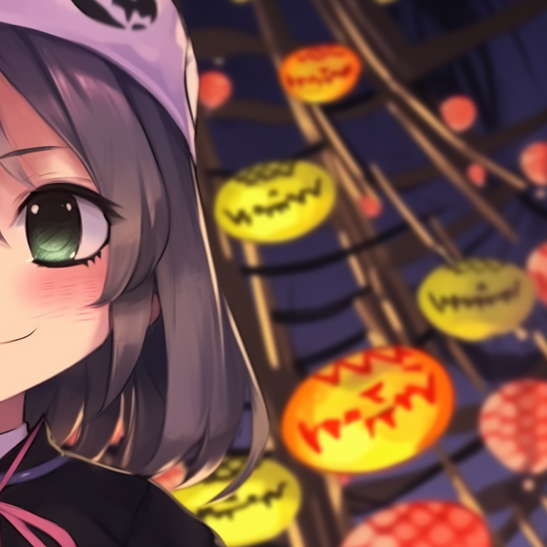 Obanai and Mitsuri, individual candy corn patterns adorning their costumes. obanai mitsuri halloween theme amazing matches pfp for discord.