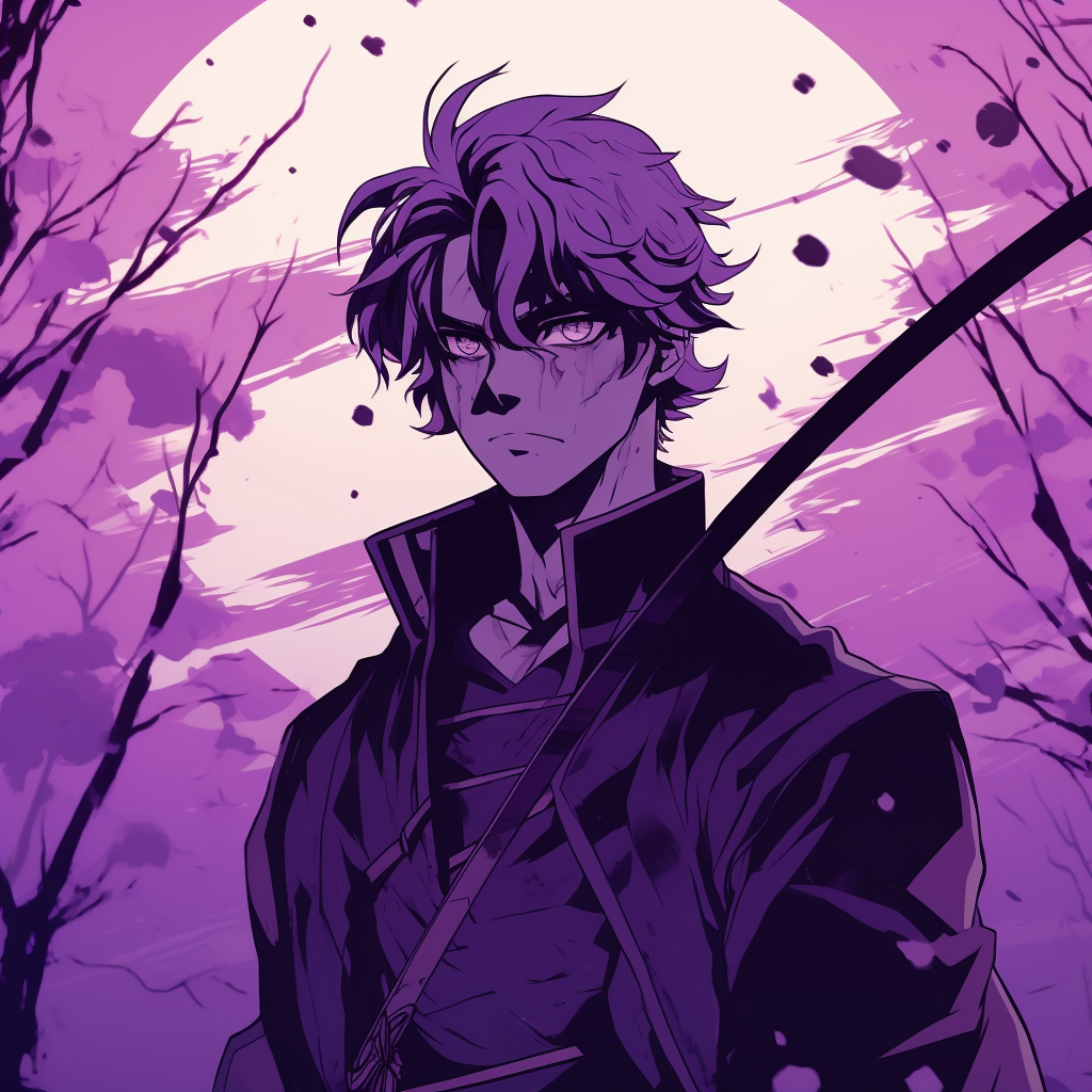 A samurai in traditional attire, manga-inspired contours with a purple palette unique anime purple pfp concepts pfp for discord.