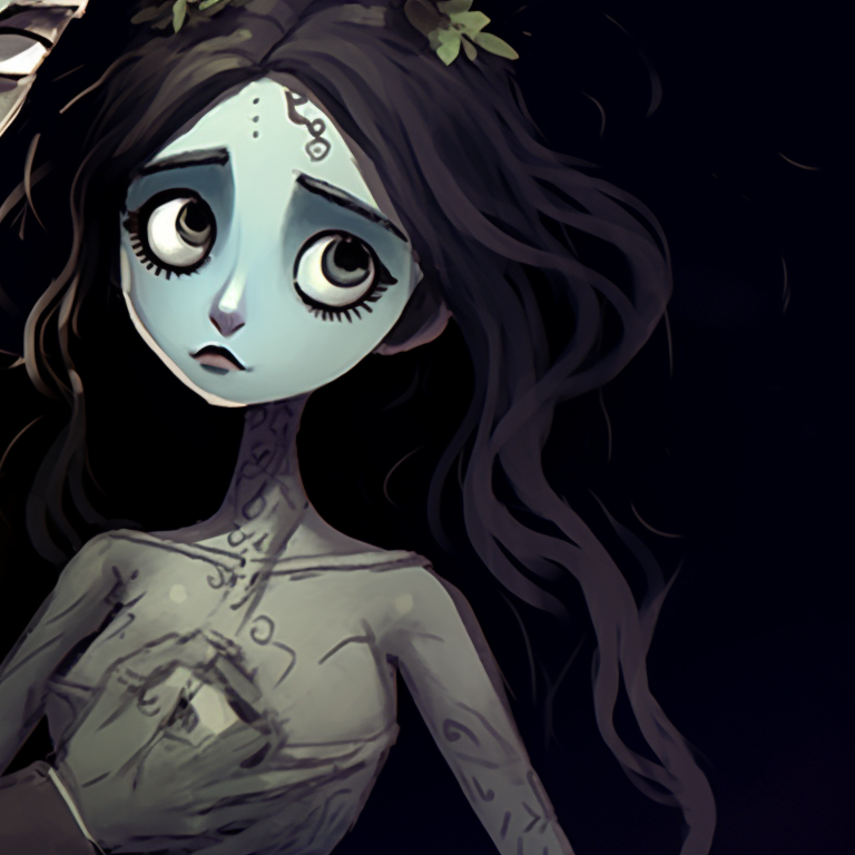 The eerie couple standing before an arch, draped in bountiful flowers, under a moonlit sky casting an ethereal glow. burton's corpse bride matching pfp pfp for discord.