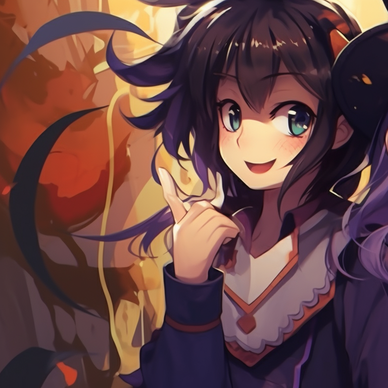 Two female characters dressed as witches, lots of detail, and contrasting colors. oshi no ko character-inspired halloween pfp pfp for discord.