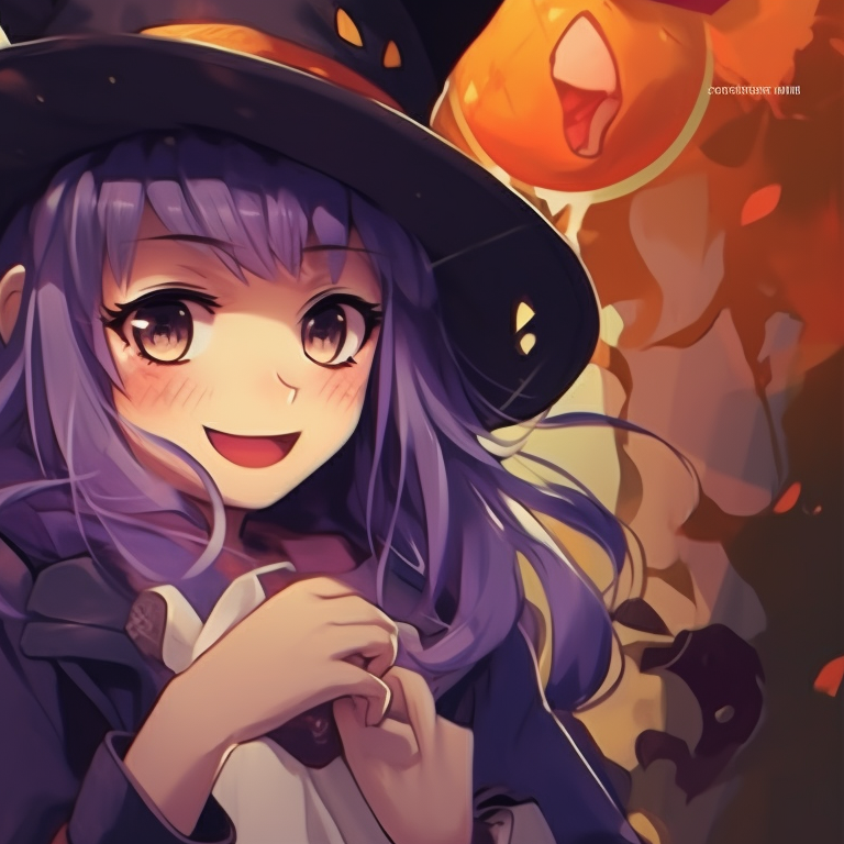 Two female characters dressed as witches, lots of detail, and contrasting colors. oshi no ko character-inspired halloween pfp pfp for discord.