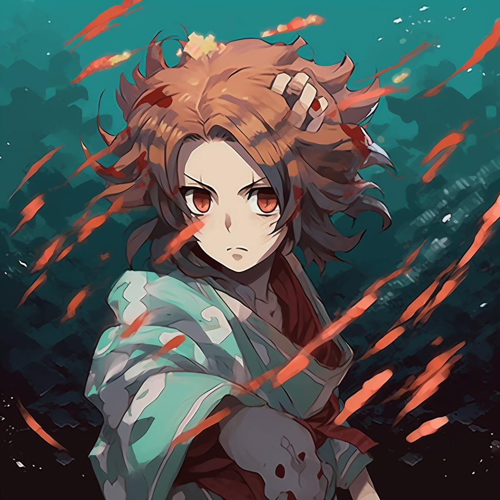 Tanjiro in battle stance, dynamic composition and water-patterned kimono. trending animated pfp