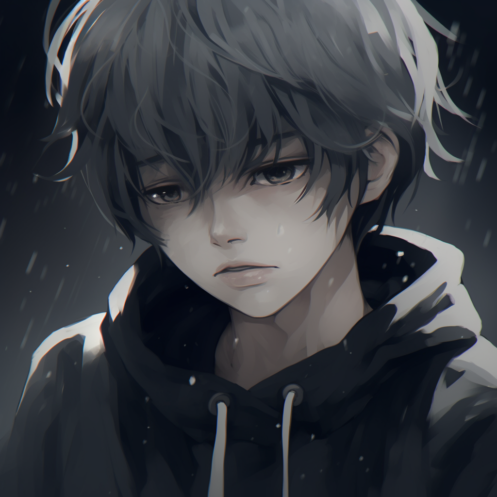 An anime boy lost in contemplation, illustrated with expressive lighting and cool hues. charming sad anime pfpHD, free download