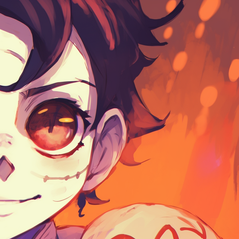 Tanjiro and Kanao, detailed moonlit background, walking through a Halloween decorated street. tanjiro x kanao with halloween theme pfp pfp for discord.