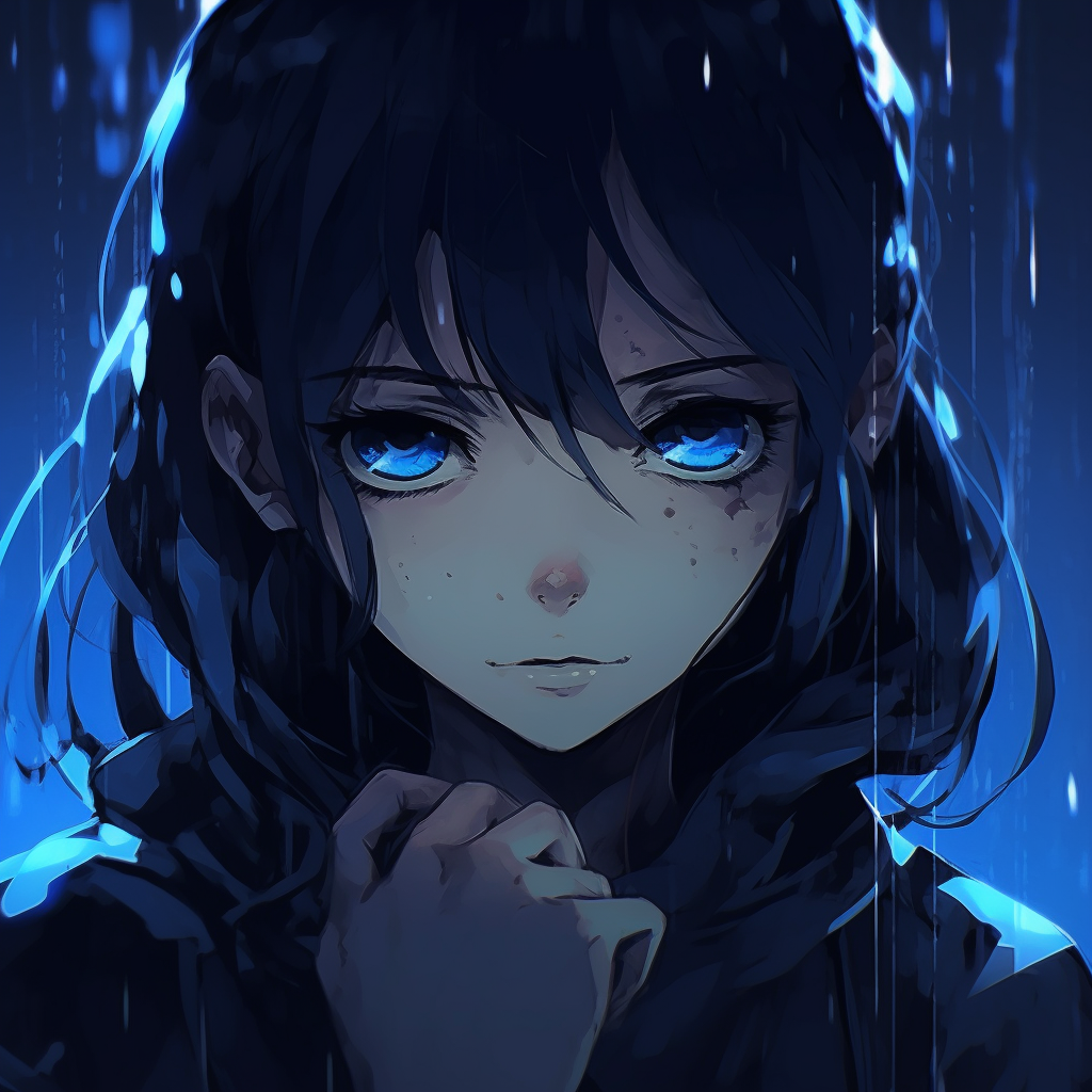 A moody anime character represented through cool, dark blue tones and sharp contrast. dark blue anime pfp