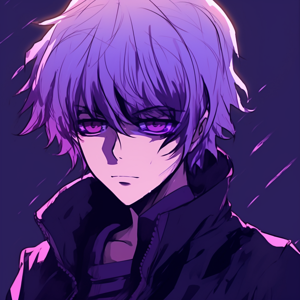 Focus on serene, purple anime eyes with intricate iris detailing and lighter purple tints. purple anime male pfp pfp for discord.