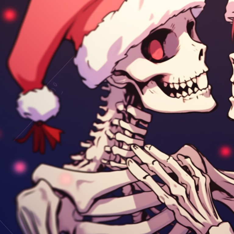 Two skeleton characters expressing affection under a Christmas tree, warm colors and soft lighting. matching christmas pfp skeleton kissing - animated display pfp for discord.