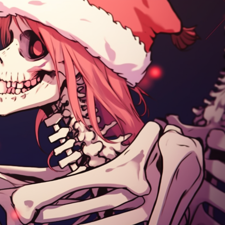 Two skeleton characters expressing affection under a Christmas tree, warm colors and soft lighting. matching christmas pfp skeleton kissing - animated display pfp for discord.