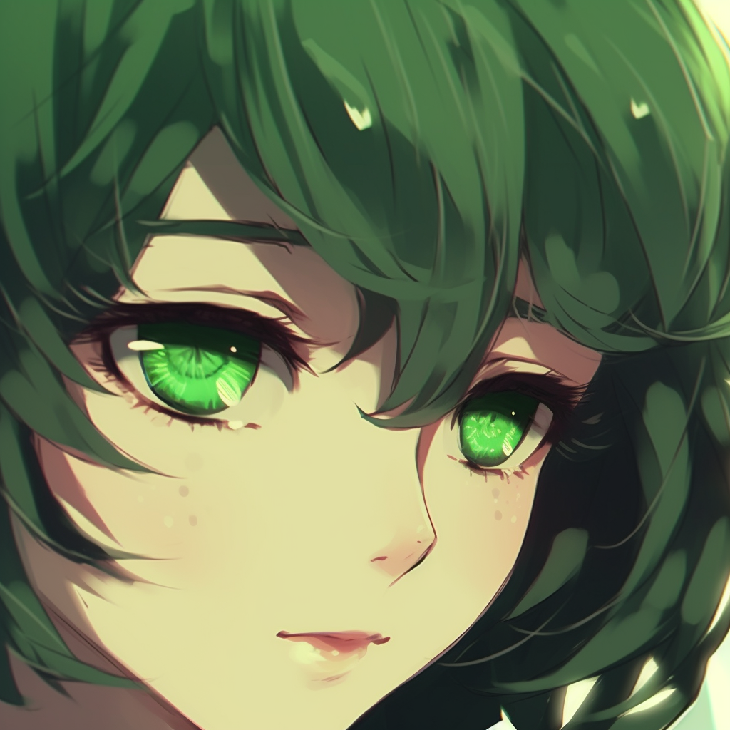 Anime character smiling with stunning green eyes, delicate features and light hues. whimsical green anime pfp collection