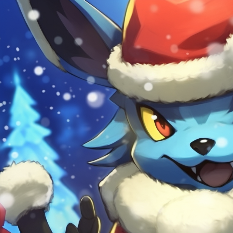 Two Lucarios in dynamic battle stances, surrounded by magical frost, displaying a contrast of determined expressions. highlighted lucario christmas profile pictures pfp for discord.