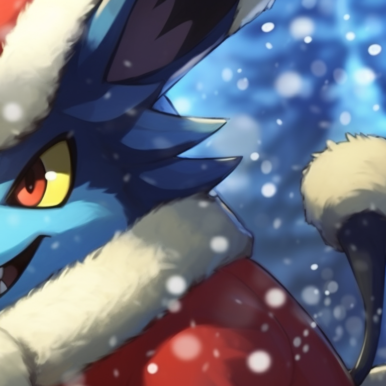 Two Lucarios in dynamic battle stances, surrounded by magical frost, displaying a contrast of determined expressions. highlighted lucario christmas profile pictures pfp for discord.