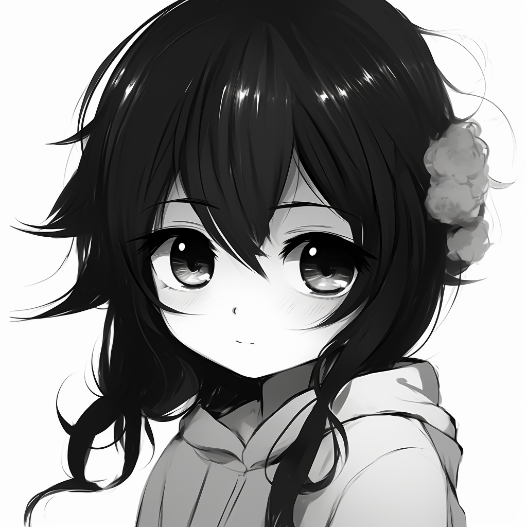 Full profile of a cute anime character, minimalist black and white tones. popular cute black and white anime pfp pfp for discord.