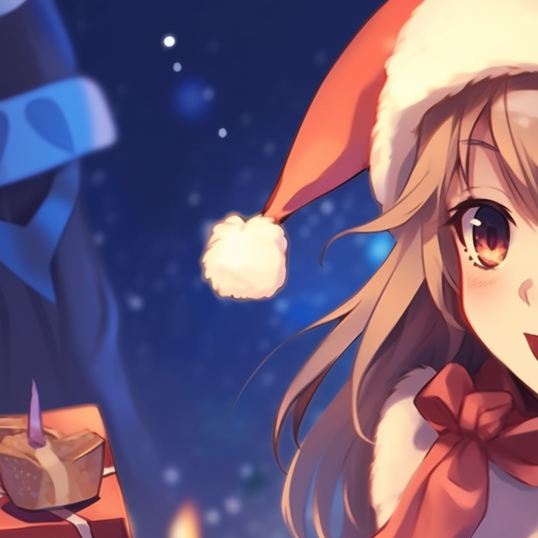 Characters dressed as Santa and an elf, playful expressions and pastel colors, posing with a gift box. cute girl and boy matching christmas pfp pfp for discord.