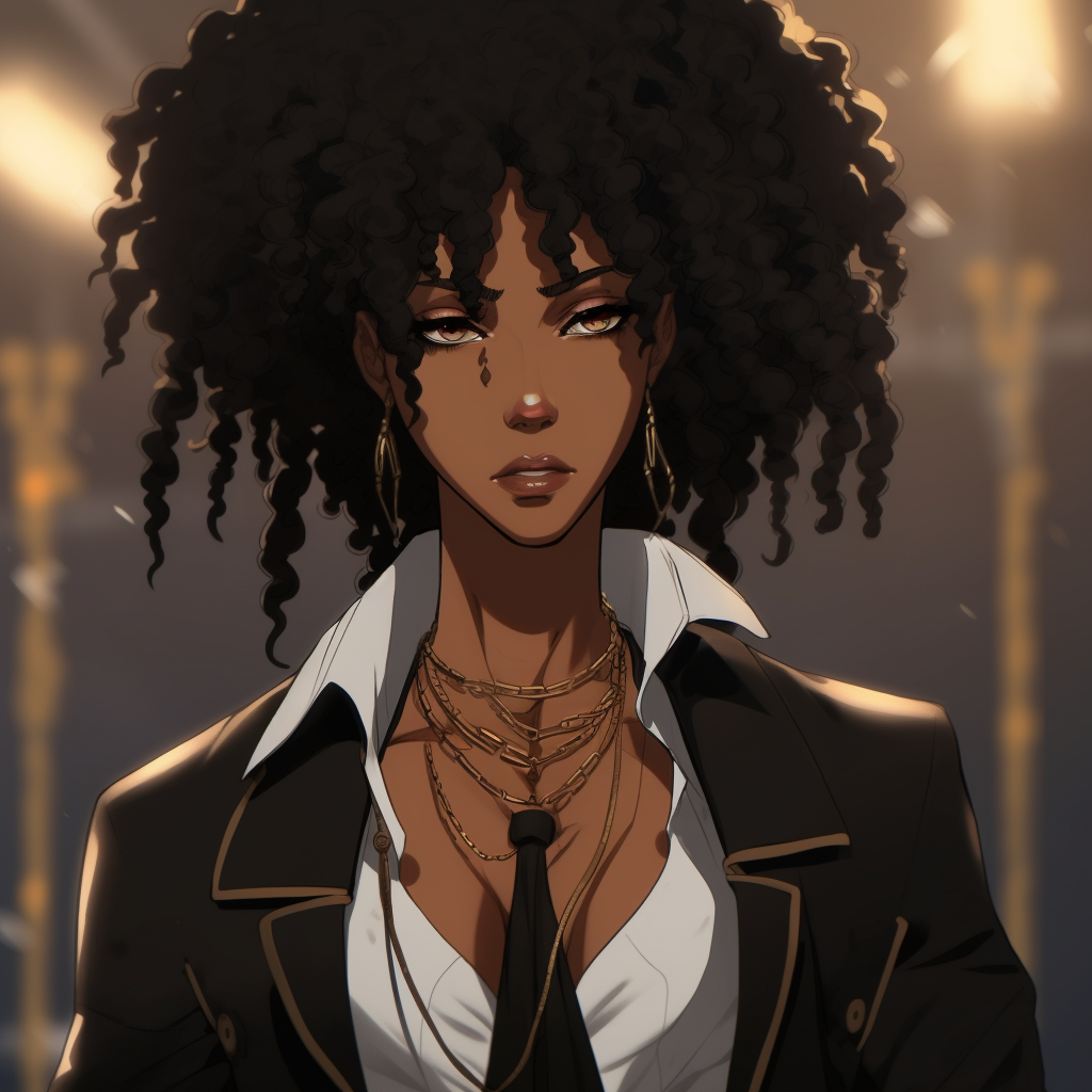 Highly fashionable black anime girl, with detailed jewelry and upper-class attire. glamorous female black anime characters pfp