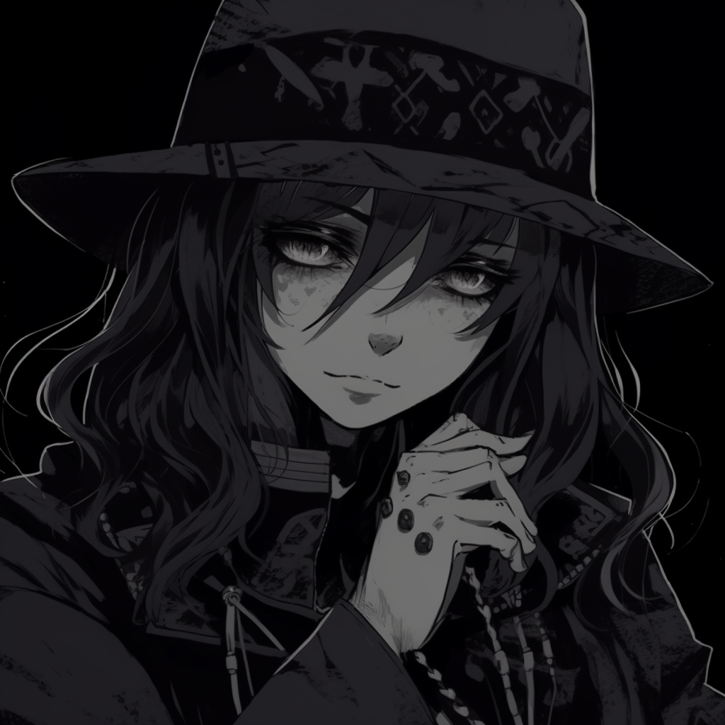 Phantom character with obscured facial features, surrounded by gloomy aura and Gothic appurtenances. anime pfp dark with gothic style pfp for discord.