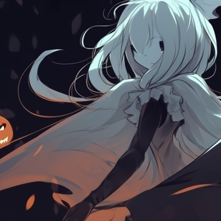 Two characters dressed as ghosts, grayscale with spectral glow, wavering outlines suggest movement. seasonal matching aesthetic halloween pfp pfp for discord.