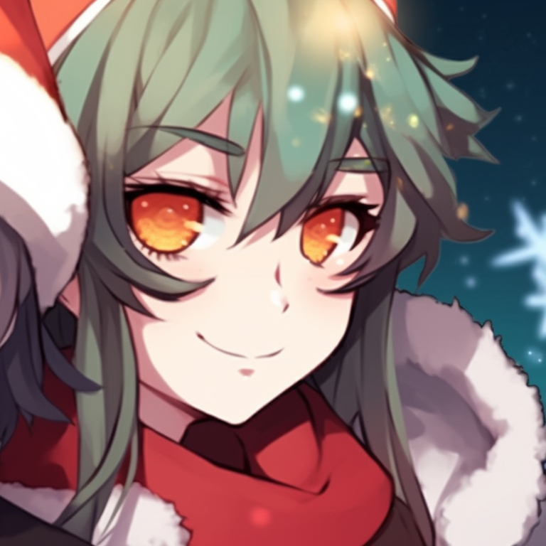 Hu Tao and character with mischievous smirks, Christmas elements in background, bright colors and clean lines. top matching hu tao christmas pfp pfp for discord.