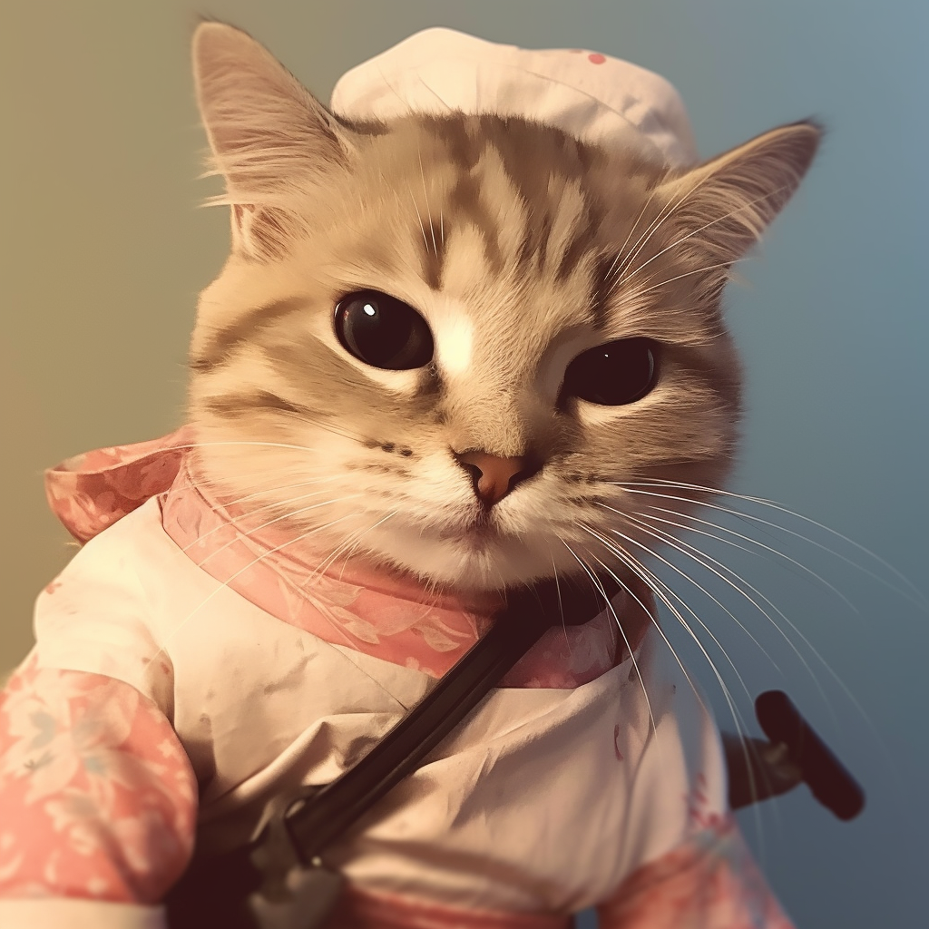Kitten illustrated as a samurai, detailed lines and soft colors. humorous animal pfp
