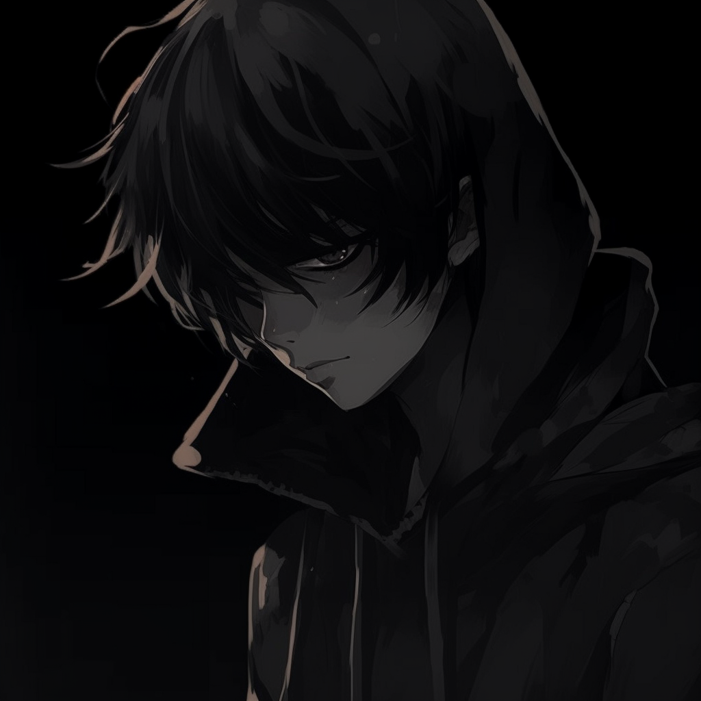 Profile of a male anime character cloaked in shadows, soft edges and muted colors. darkness anime pfp males pfp for discord.